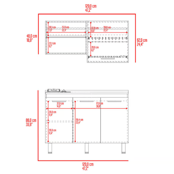 Cocina Integral 1.20 Metros Flash Bardolino+Blanco Incluye Mes?n Poceta Derecha con 2 Fogones a Gas - Imagen 7
