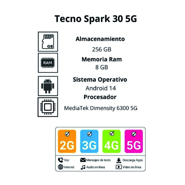 Celular TECNO Spark 30 256GB 5G Blanco - Imagen 3